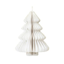 Arbre de Noël en papier blanc, aux formes festonnées et texture délicate.