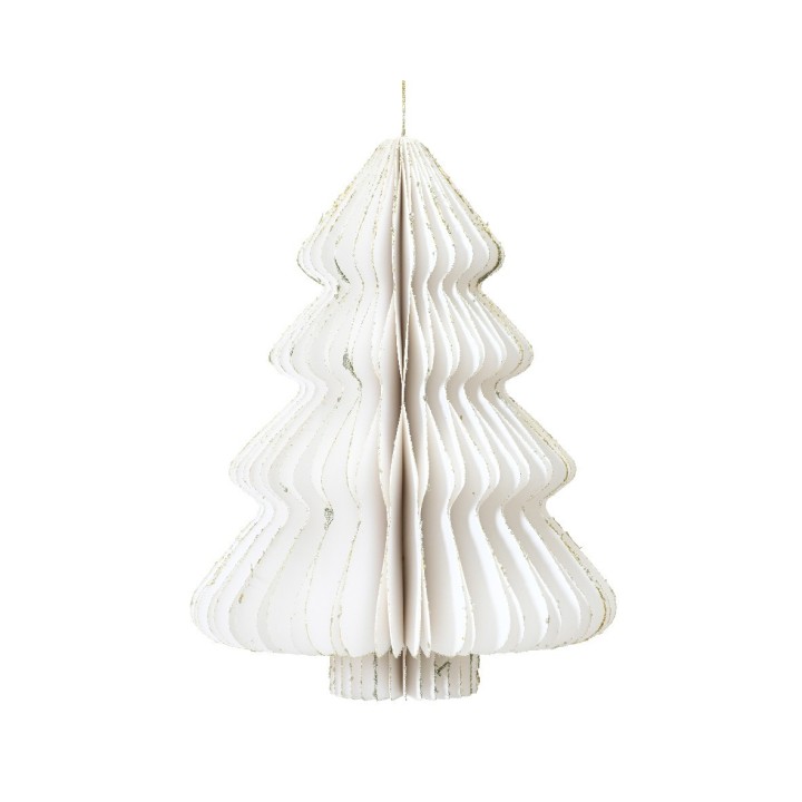 Arbre de Noël en papier blanc, aux formes festonnées et texture délicate.