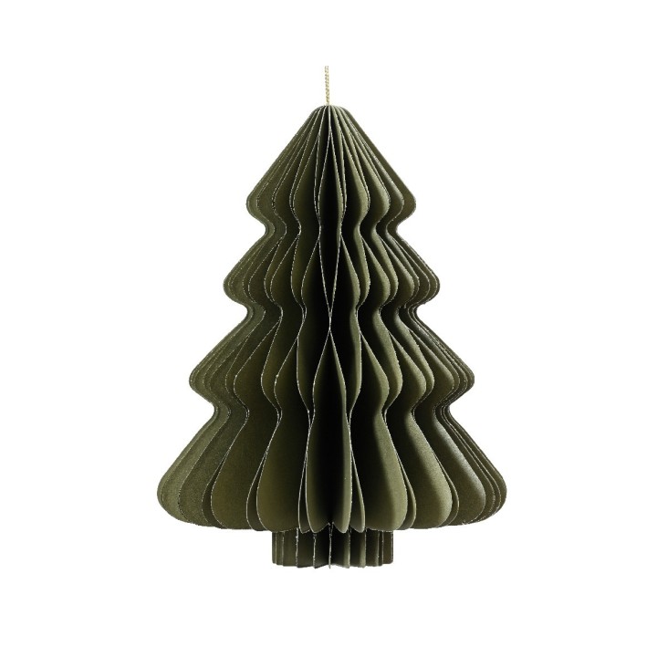 Arbre de Noël en papier plié, forme conique, couleur vert olive, élégant et minimaliste.