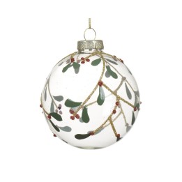 Boule de Noël transparente ornée de feuilles et baies dorées et rouges.