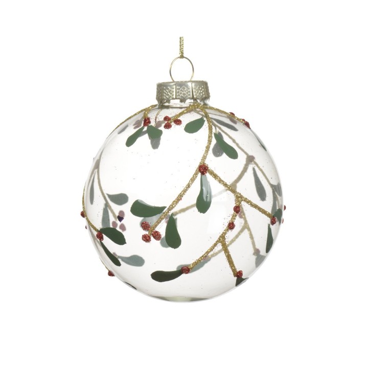 Boule de Noël transparente ornée de feuilles et baies dorées et rouges.