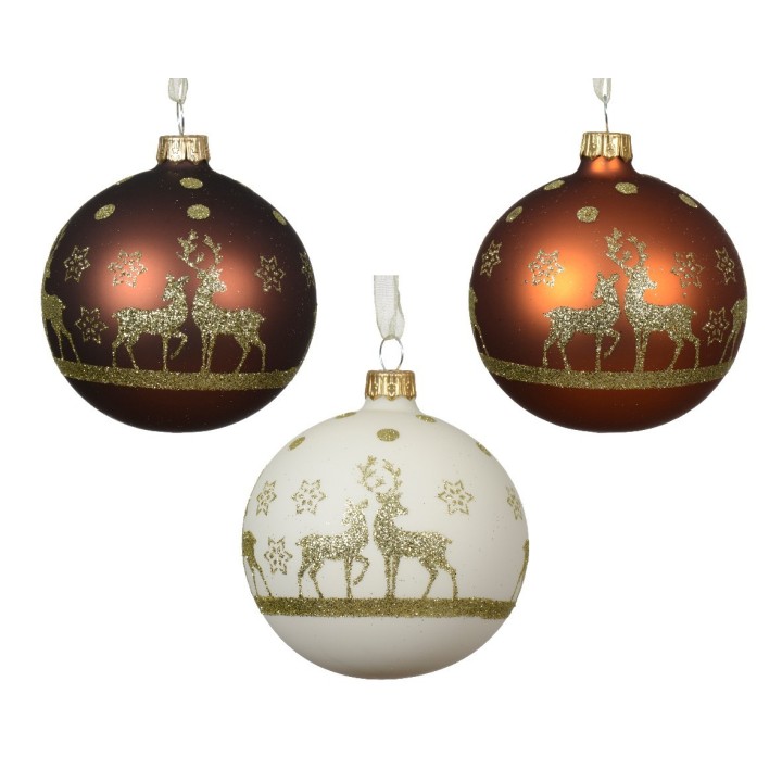 Boules de Noël brillantes, marron et blanche, ornées de rennes dorés et flocons.