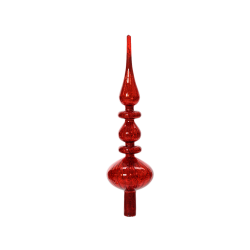Ornement en verre rouge vif, allongé, avec des formes élégantes et un sommet pointu.