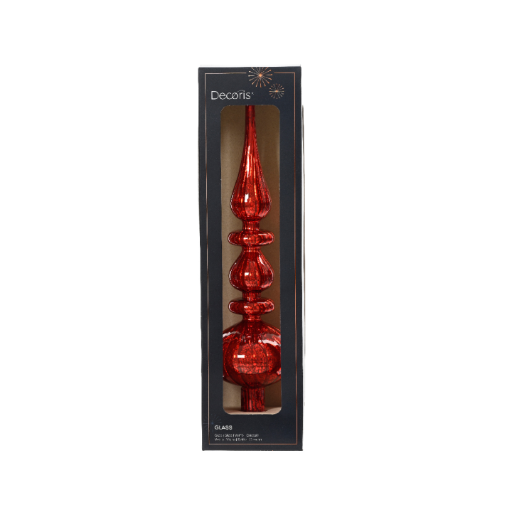 Ornement de Noël en verre rouge, brillant, en forme de cône avec des courbes élégantes.