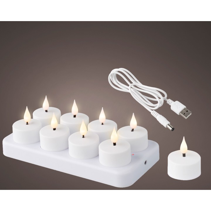 Dix bougies LED blanches sur une base élégante, avec un câble USB pour recharge.