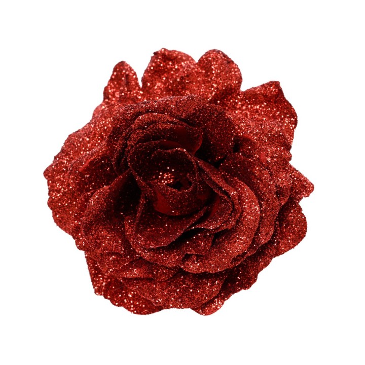 Fleur rouge ornée de paillettes brillantes, évoquant une élégance festive.