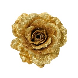 Rosa brillante dorée, aux pétales texturés et scintillants, évoquant l'élégance.