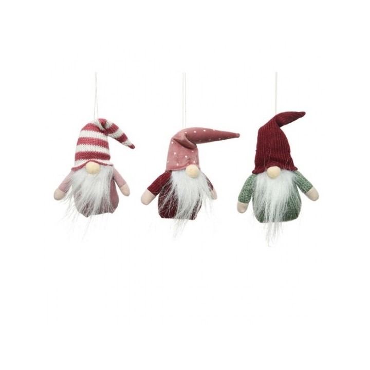 Trois petits gnomes colorés en tissu, chapeaux rayés et à pois, barbes blanches duveteuses.