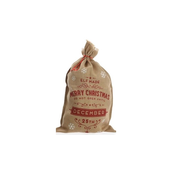 Sac en toile de jute décoré, inscriptions rouges sur fond beige, motifs de flocons de neige.