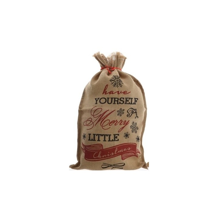 Sac en toile de jute décoré de motifs festifs et d'inscriptions joyeuses.
