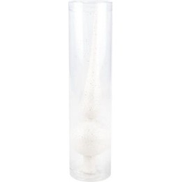 Objet décoratif blanc en forme de cône, enfermé dans un tube transparent.