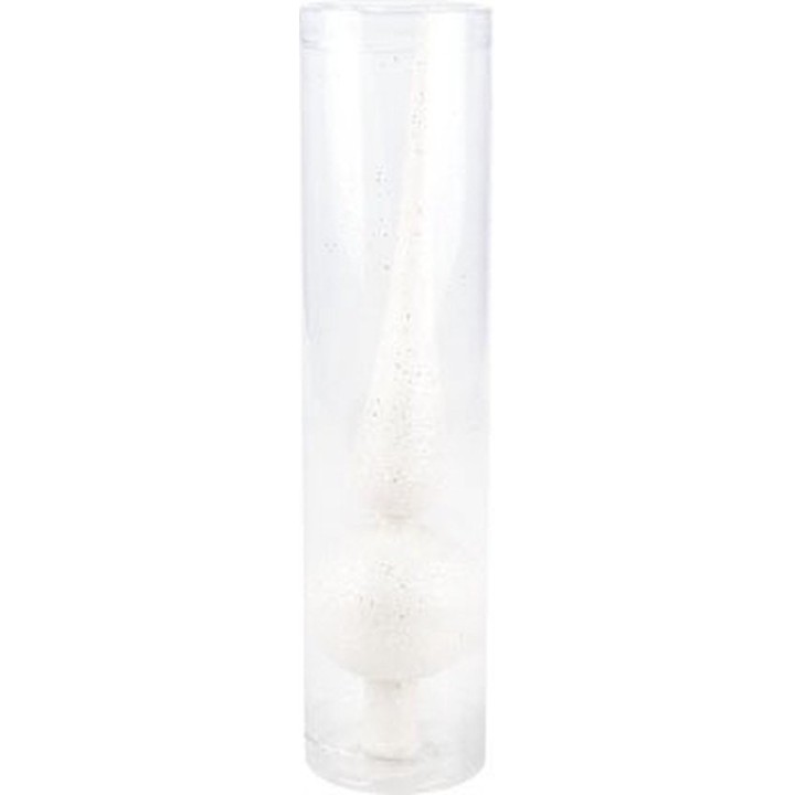 Objet décoratif blanc en forme de cône, enfermé dans un tube transparent.
