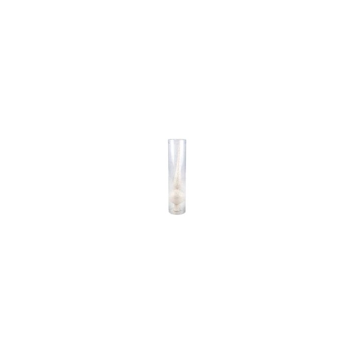 Vase cylindrique transparent contenant une décoration en forme de cône.