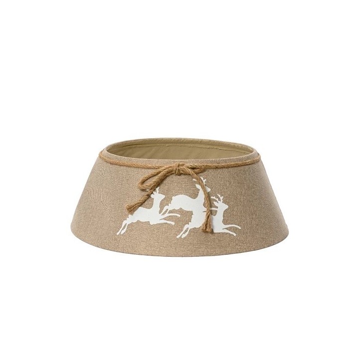 Abat-jour en toile beige, décoré de silhouettes de cerfs blanches, agrémenté d'un lien en jute.