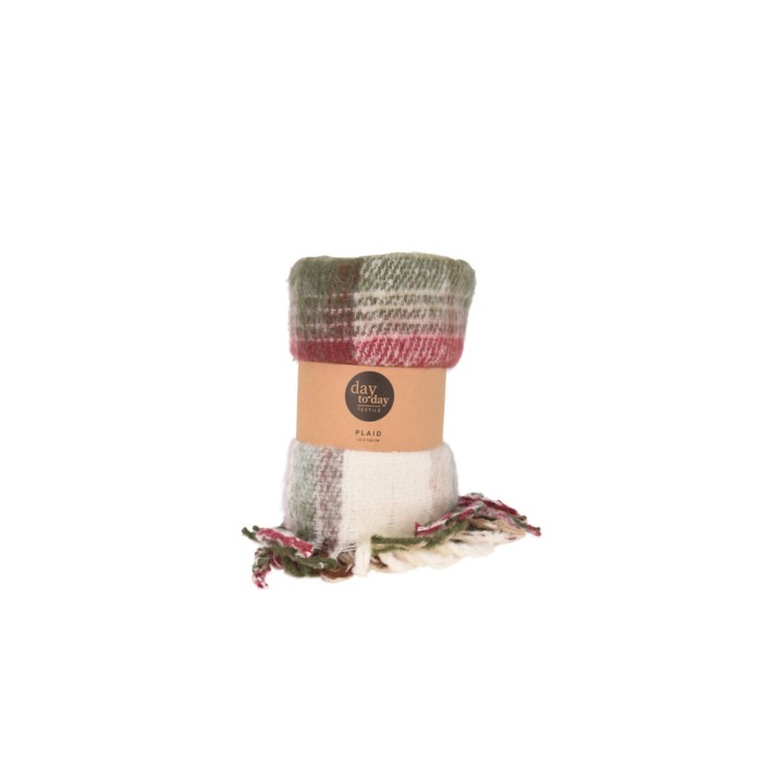 Écharpe douce en laine à motifs carrés verts, rouges et crème, avec franges élégantes.