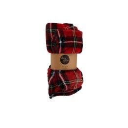 Écharpe en tartan rouge et noir, douce, pliée avec étiquette marron.