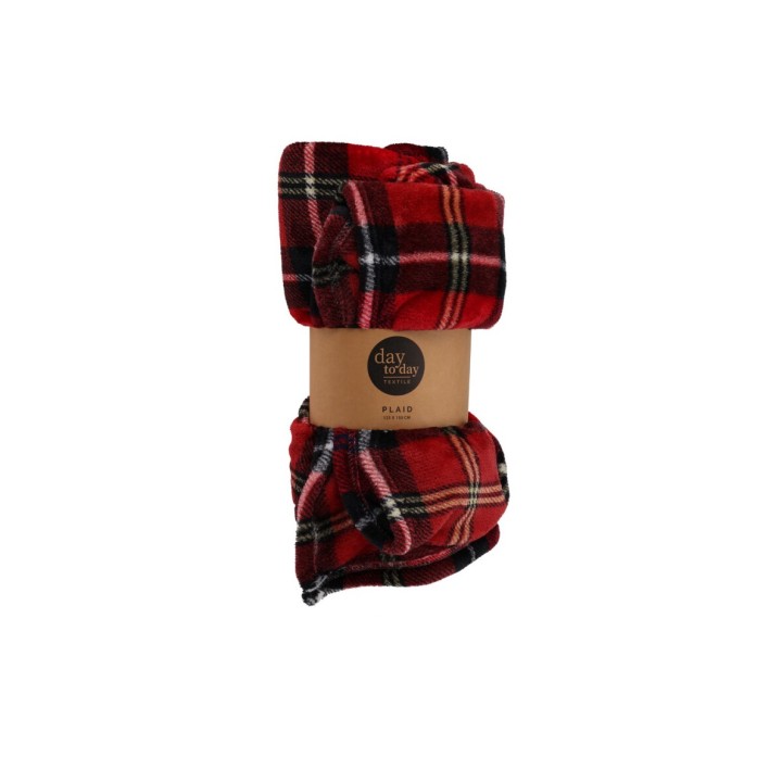 Écharpe en tartan rouge et noir, douce, pliée avec étiquette marron.