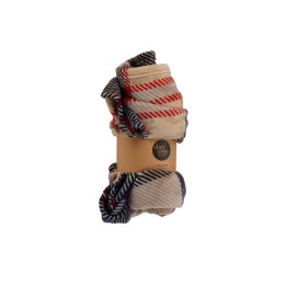 Chaussettes multicolores à rayures, douces et texturées, présentées avec un élastique.