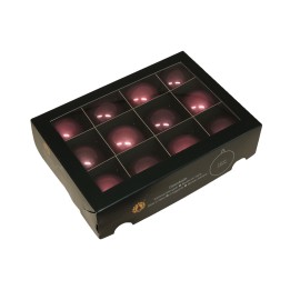 Douze boules décoratives violettes, présentées dans une boîte noire élégante.