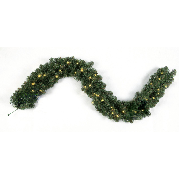Guirlande verte ornée de lumières, serpentant élégamment sur fond blanc.
