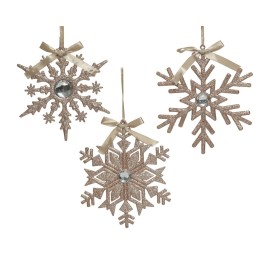 Flocons de neige scintillants en or, ornés de strass et de rubans délicats.