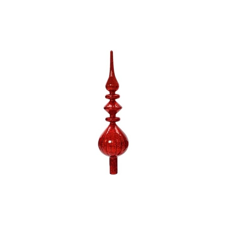 Ornement en verre rouge, forme élancée avec des courbes et un sommet pointu.