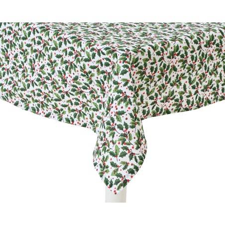 Nappe à motifs floraux verts et rouges sur fond blanc, festive et élégante.