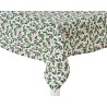 Nappe à motifs floraux verts et rouges sur fond blanc, festive et élégante.