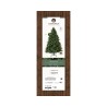 Étiquette de sapin artificiel avec vert foncé et support en métal sur fond bois.