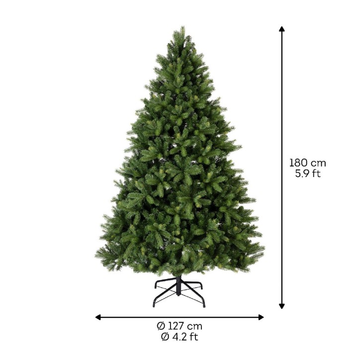 Sapin artificiel vert, conique, mesurant 180 cm, sur support noir.