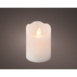 Bougie lumineuse blanche, douce lueur vacillante sur fond sombre.