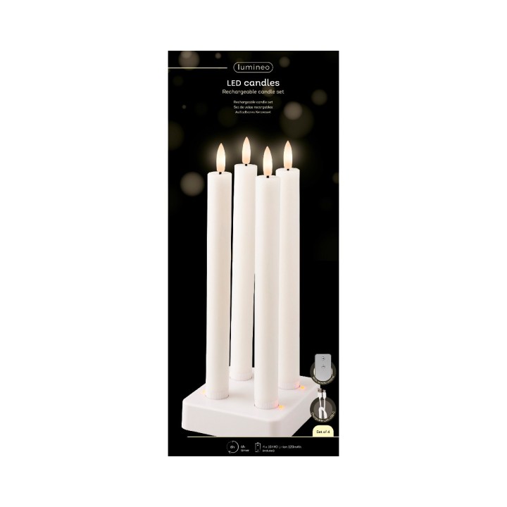 Quatre bougies LED blanches, élégamment disposées sur un socle moderne, avec une lueur douce.