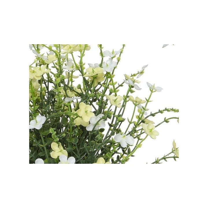 Fleurs délicates blanches et jaunes, tiges vertes, bouquet lumineux et aérien.