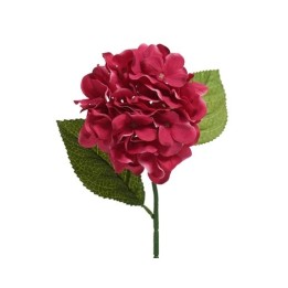 Fleur artificielle rouge avec des pétales ondulés et deux feuilles vertes.
