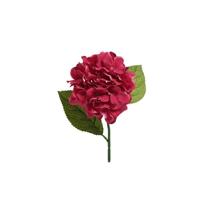 Fleur artificielle rouge avec des pétales ondulés et deux feuilles vertes.