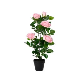 Roses roses en plastique, feuillage vert, pot noir élégant.