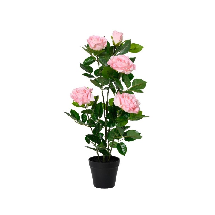 Roses roses en plastique, feuillage vert, pot noir élégant.