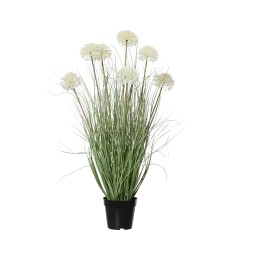 Bouquet de fleurs blanches avec tiges vertes, dans un pot noir élégant.