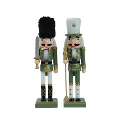 Deux soldats en bois colorés, l'un avec un sabre, l'autre tenant un bâton doré.