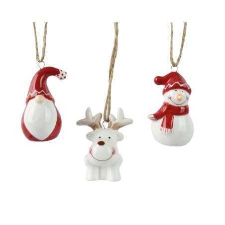 Ornements festifs en céramique : un bonhomme de neige, un renne et un bonnet de Noël.