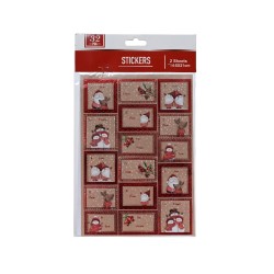 Autocollants festifs avec bonhommes de neige et motifs hivernaux sur fond rouge et marron.