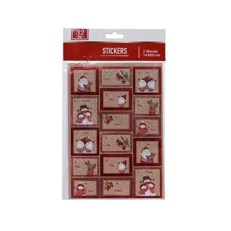 Autocollants festifs avec bonhommes de neige et motifs hivernaux sur fond rouge et marron.