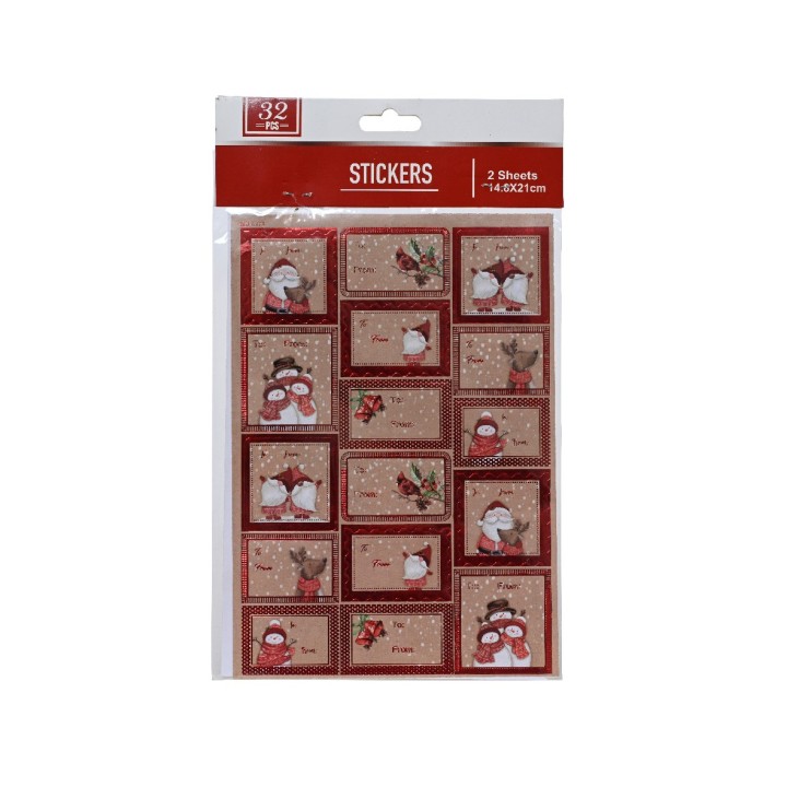 Autocollants festifs avec bonhommes de neige et motifs hivernaux sur fond rouge et marron.
