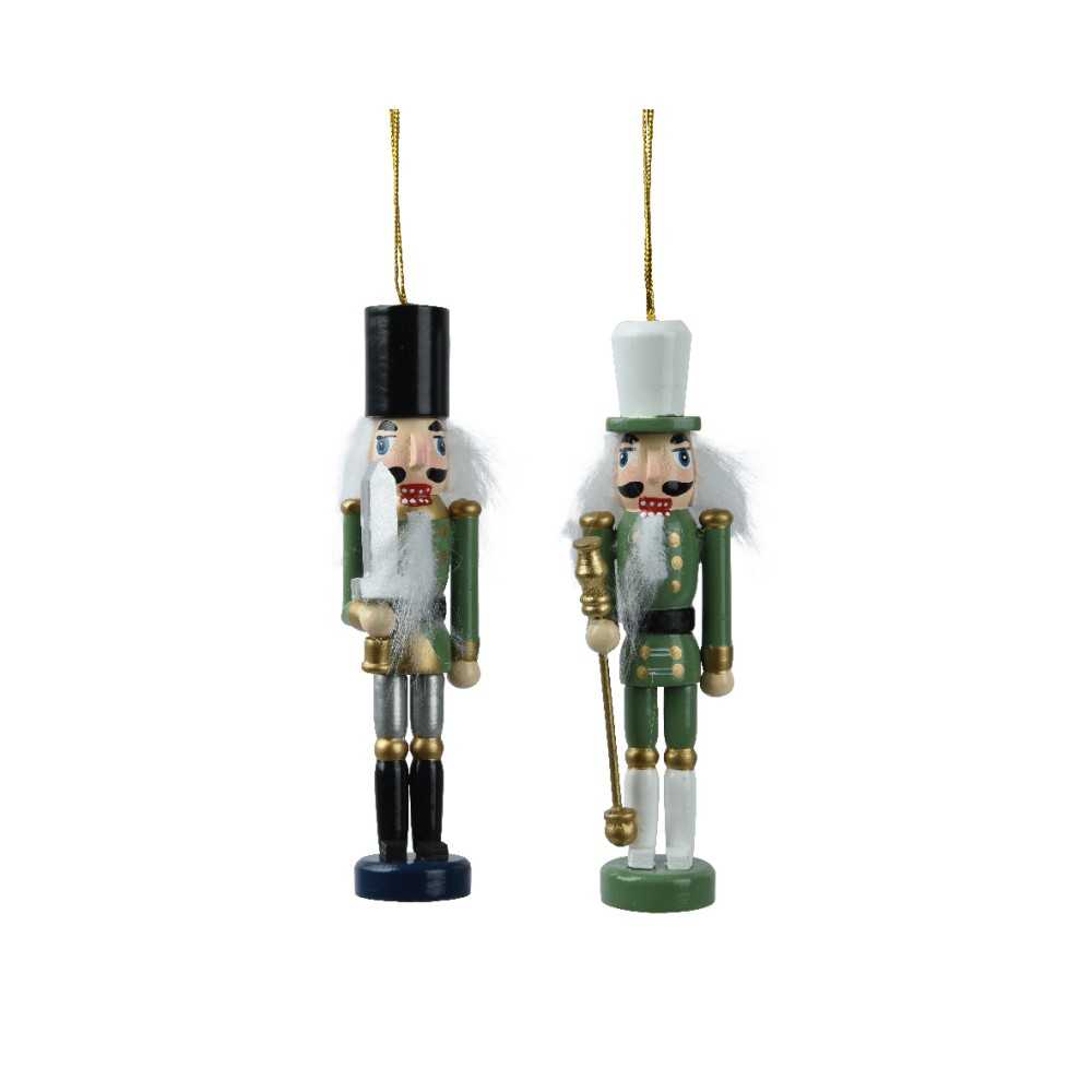 Deux soldats en bois colorés, l'un noir et argenté, l'autre vert et blanc, avec des détails do...