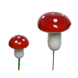 Deux champignons colorés avec des chapeaux rouges et des taches blanches, sur tiges blanches.