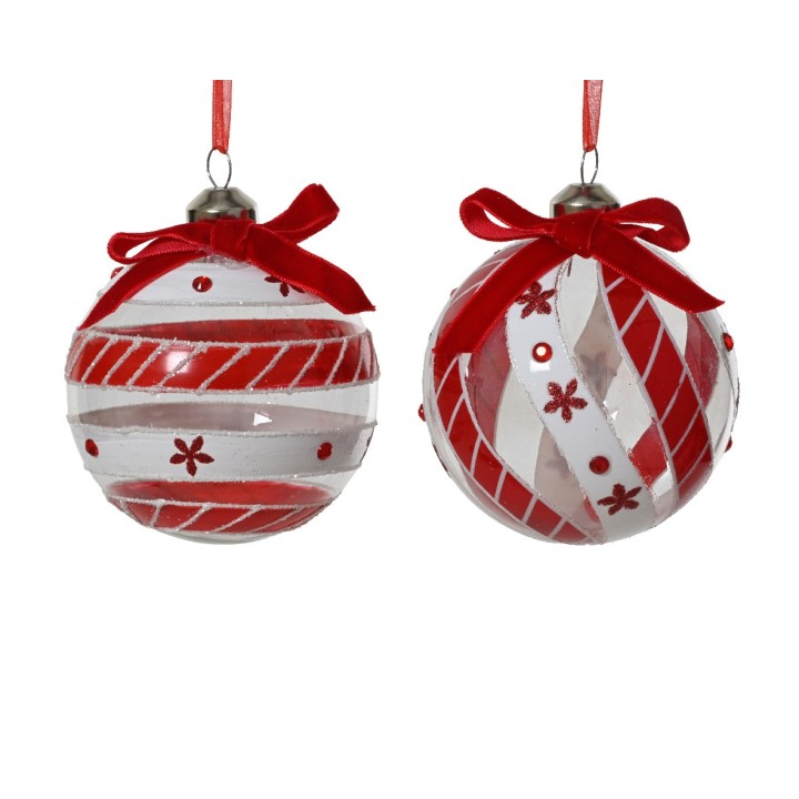 Boules de Noël rouges et blanches, ornées de motifs festifs et de rubans.