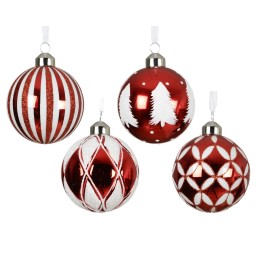 Ornements de Noël rouges et blancs, motifs variés, brillants et festifs.