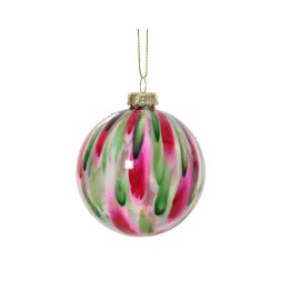 Boule de Noël colorée, motifs vert, rose et blanc, finition brillante et dorée.