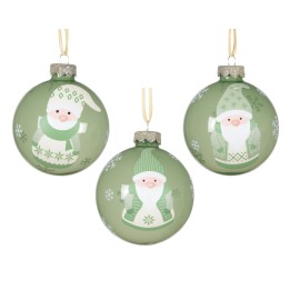 Boules de Noël vertes décorées de joyeux lutins et flocons de neige.