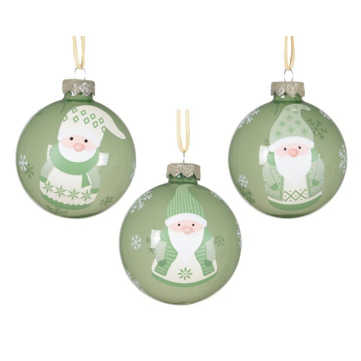 Boules de Noël vertes décorées de joyeux lutins et flocons de neige.